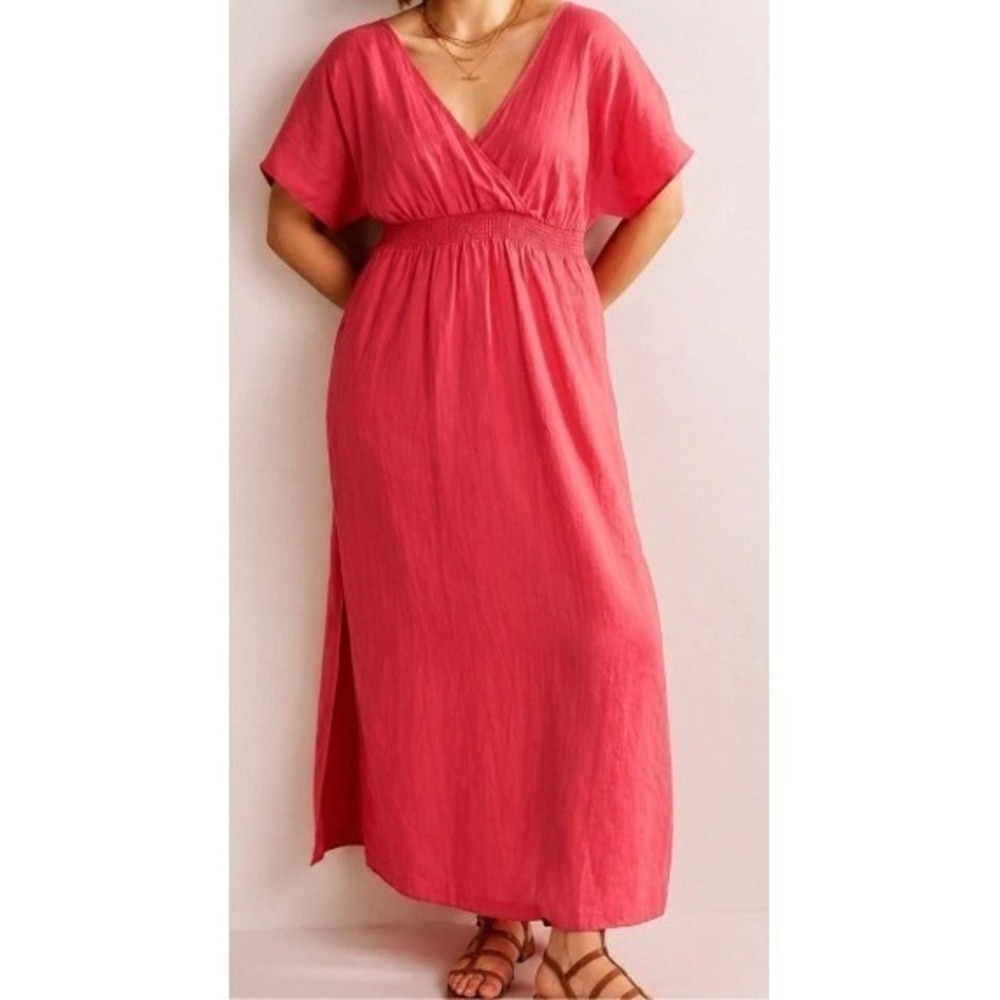 NWT Boden Linen Coastal Grandmother Kraftan Maxi Dress 20 22 Pink Smocked Waist